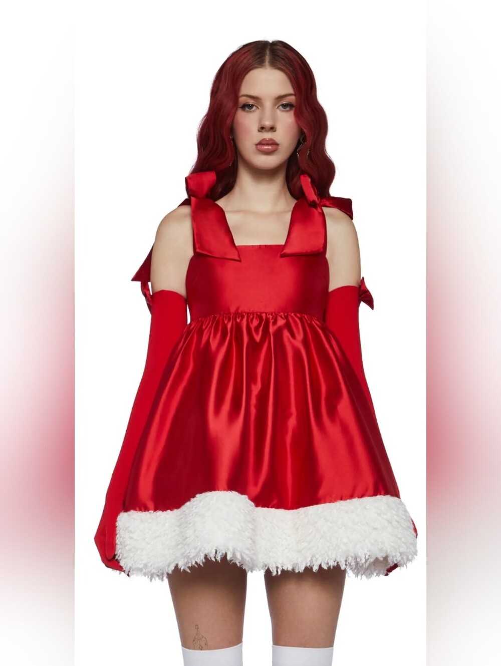 Sugar Thrillz Red Satin Babydoll with Bow Straps and Faux Fur Hem